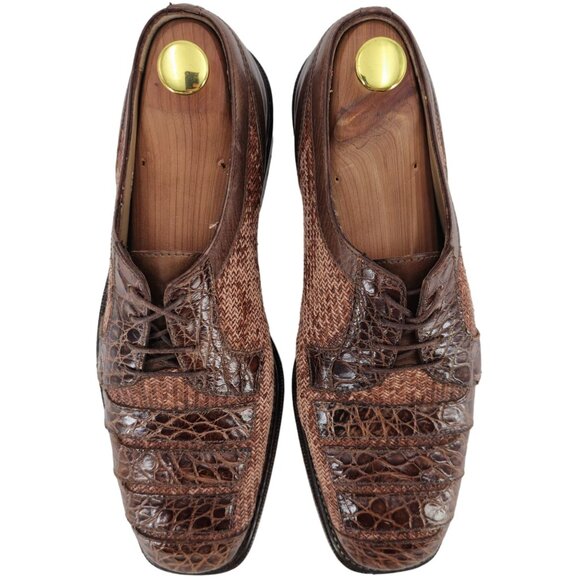 R. Martegani Italy Exotic Alligator and Woven Fabric Brown Dress Shoes Mens 9.5M - Picture 2 of 11